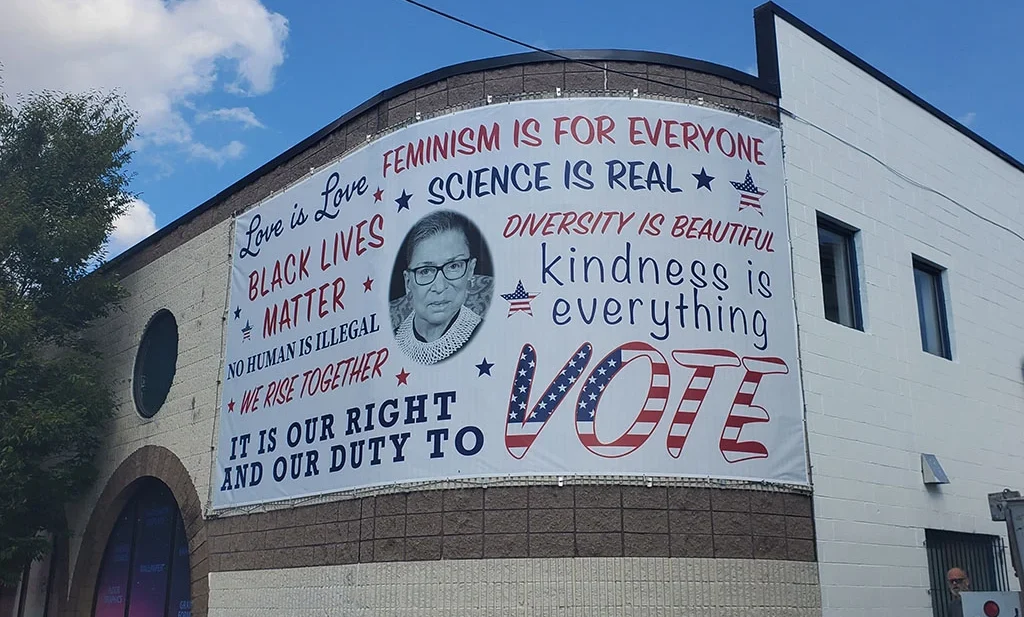 Justice Ruth Bader Ginsburg banner on a building