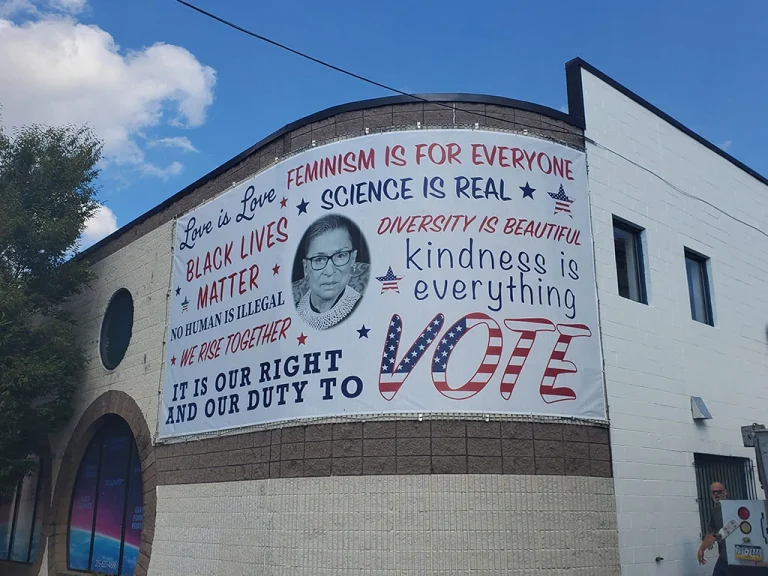 Justice Ruth Bader Ginsburg banner on a building