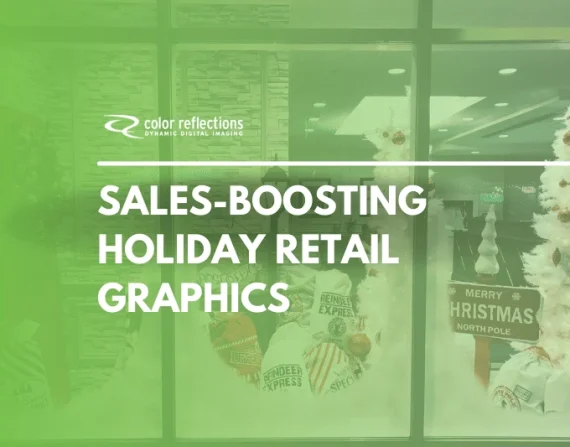 Retail graphics displays in a storefront window.