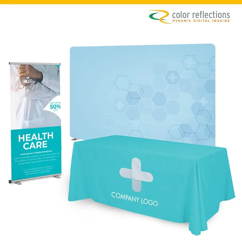 1 x 8' custom table cover, 2 x 30" retractable banners, 1 x printed floor graphics, 1 x 10x10' pillow case fabric back drop with hardware. - Starting at $1,495