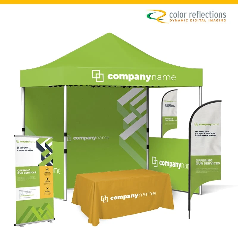 1 x 10x10' custom printed pop-up tent (2 x sidewalls, 1 x back wall), 1 x 6' banner stand, 1 x 6' custom printed table cover, 2 x 12' flags. - Starting at $1,225