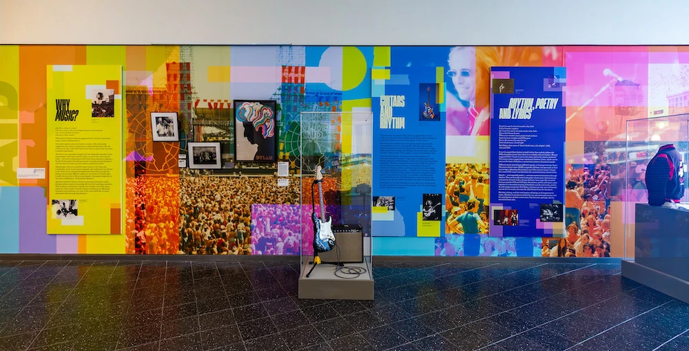 drexel university electrified exhibit - custom graphics - custom museum display graphics - color reflections - guitars