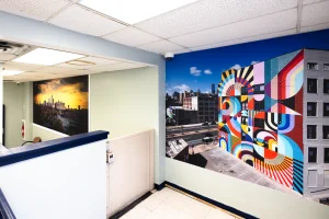 Hanging fabric mural and vinyl mural for Philly project