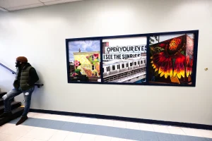 Framed vinyl wall graphics of murals throughout Philly