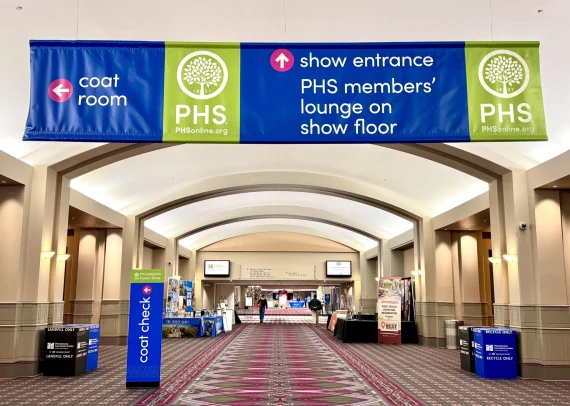 Directional and wayfinding large fabric banners for PHS Show in Philadelphia