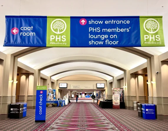 Directional and wayfinding large fabric banners for PHS Show in Philadelphia