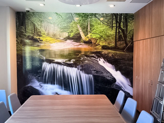 Vail Health conference room wall wrap mural featuring professional and calming visuals, designed to enhance the meeting space with branded and nature-inspired imagery